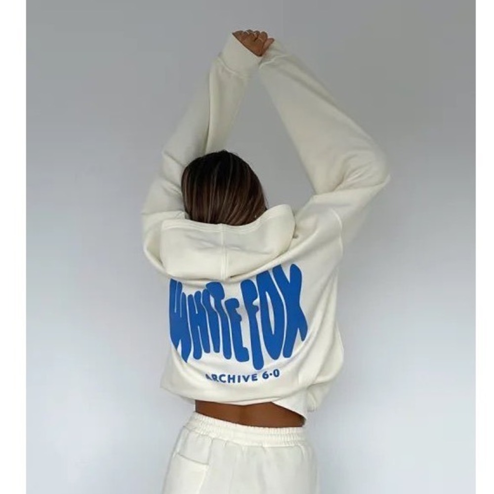 White Fox Archive 6.0 Oversized Hoodie Cream Blue Puff Print Graphic Size M/L - Picture 2 of 10
